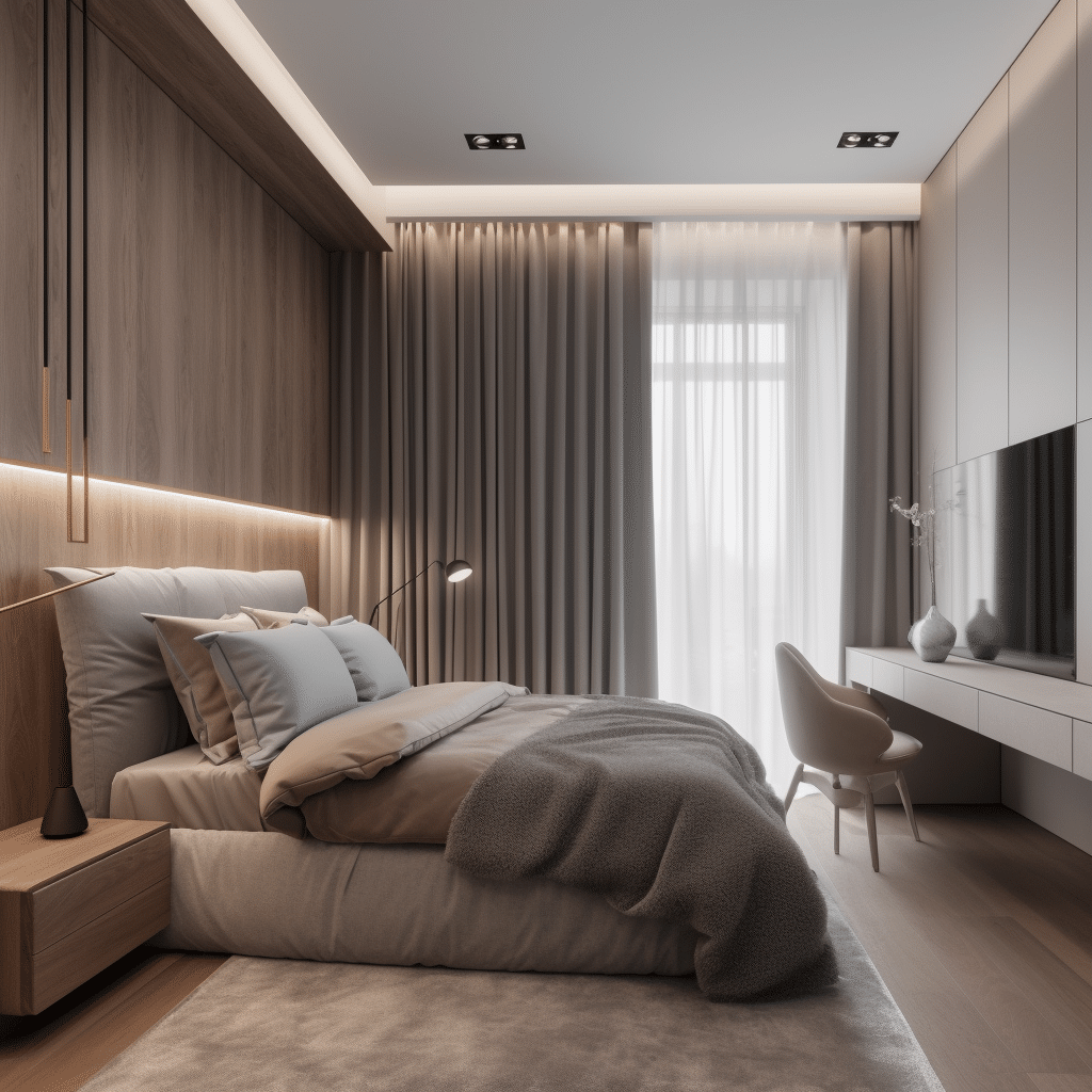 stanza da letto L'eleganza del minimalismo moderno: un soggiorno che combina design pulito e funzionalità, creando un ambiente sereno e accogliente. Osserva come la palette di colori neutri e le linee semplici contribuiscano a un'atmosfera di tranquillità e stile.