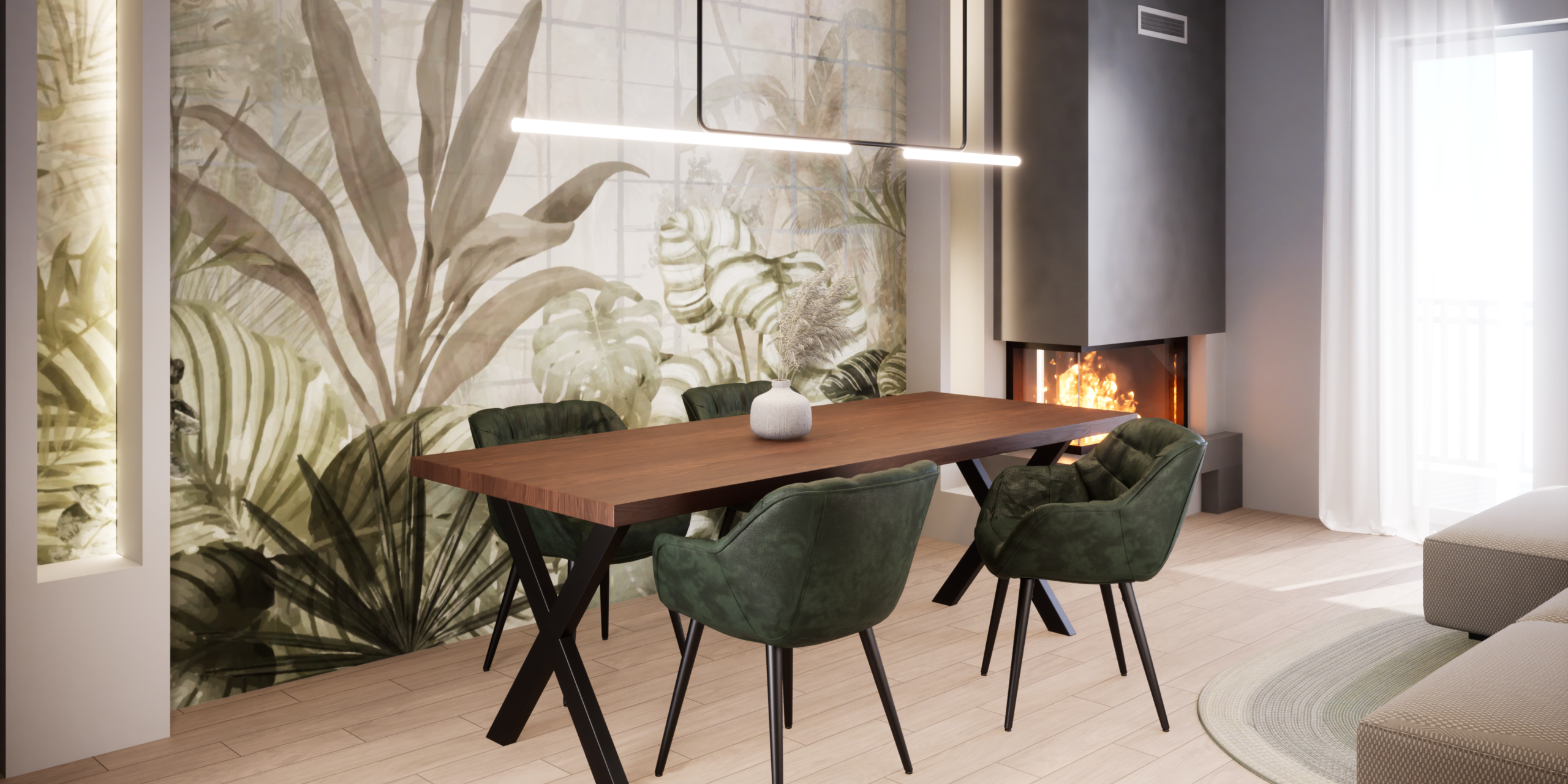 Sala da pranzo moderna e accogliente, caratterizzata da un tavolo in legno massello con gambe nere incrociate e sedie imbottite in velluto verde. La parete è decorata con una carta da parati a tema botanico che aggiunge freschezza all'ambiente. Completa lo spazio un camino contemporaneo a vista e un'illuminazione lineare minimalista