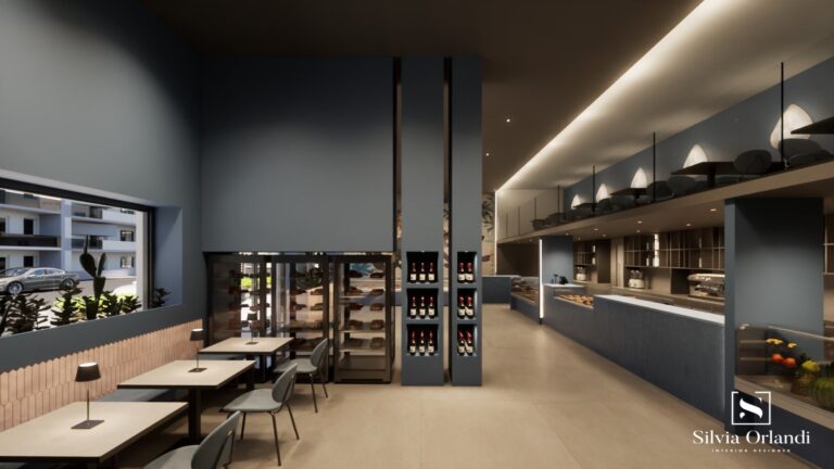 Interni di una caffetteria moderna con arredi minimalisti, pareti blu opaco, banco bar lungo con esposizione di dolci, sedute eleganti e design firmato Silvia Orlandi Interior Designer.