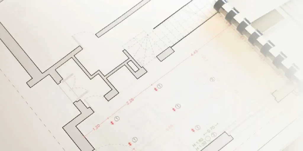 Dettaglio di una planimetria di un progetto di interior design horeca stampata su carta, con linee tecniche nere e quote dimensionali evidenziate in rosso. Il disegno mostra la distribuzione degli spazi interni, con muri, aperture e percorsi, mentre sul lato destro si intravede la rilegatura a spirale del fascicolo. La luce naturale crea un effetto morbido e luminoso, enfatizzando l’aspetto progettuale e professionale del documento.