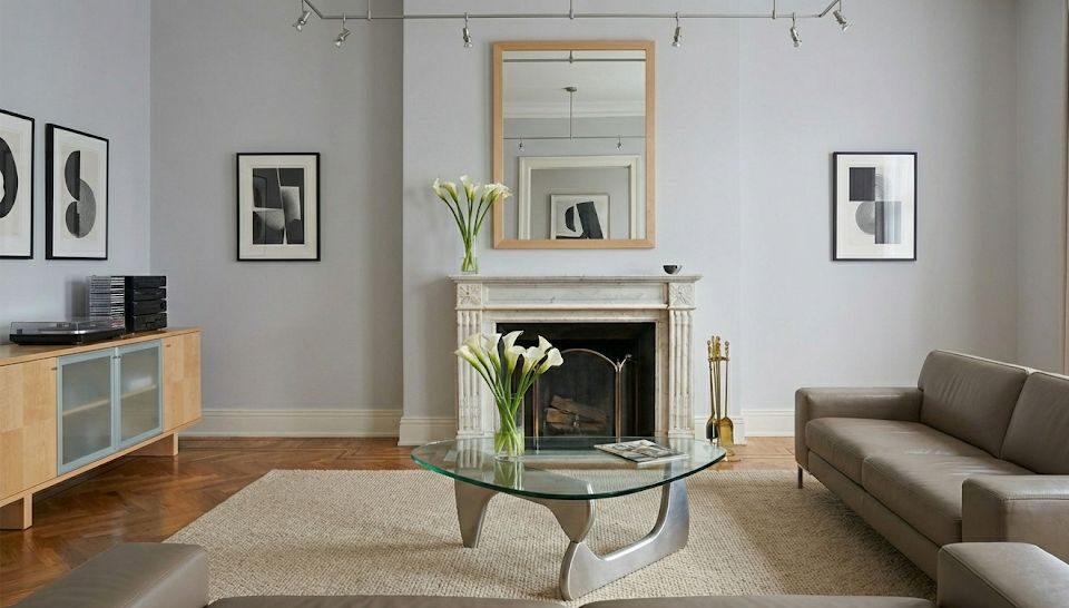 Salotto minimalista in stile anni ’90 con palette neutra, linee pulite e arredi essenziali. Il divano grigio, il tavolino in vetro curvato, le stampe astratte in bianco e nero e i mobili in legno chiaro creano un ambiente sobrio, elegante e contemporaneo, ispirato al design moderno e funzionale tipico dell’epoca.