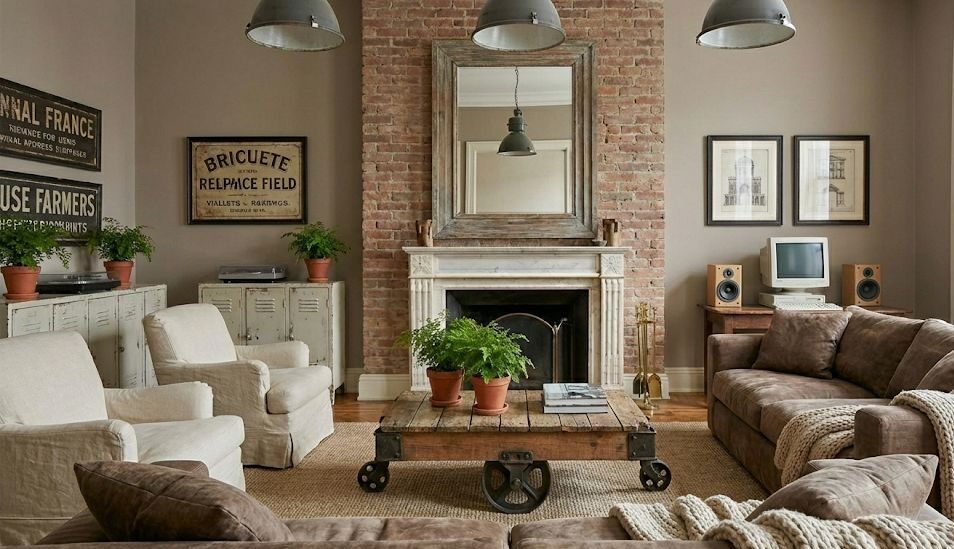 Salotto in stile anni 2000 con influenze industrial e urban chic, caratterizzato da parete in mattoni a vista, tavolino in legno grezzo con ruote in metallo, divani oversize dai toni neutri e illuminazione industriale. L’ambiente combina comfort contemporaneo, materiali materici e dettagli vintage, creando un’atmosfera calda e informale tipica degli interni dei primi anni Duemila.