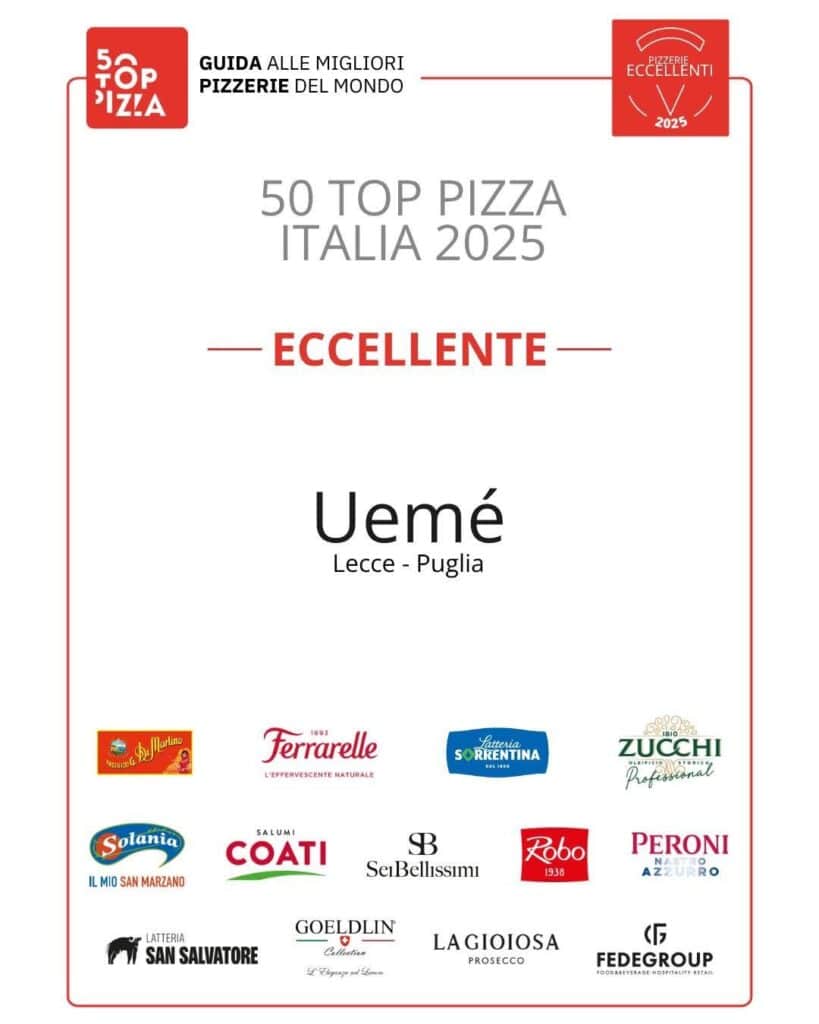 Attestato ufficiale della guida “50 Top Pizza Italia 2025” che certifica il riconoscimento di eccellenza per la pizzeria Uemé di Lecce, in Puglia. Il layout è pulito e minimale, con titolazione centrale in evidenza e logo dell’organizzazione nella parte superiore. Nella sezione inferiore sono presenti i loghi degli sponsor, tra cui brand del settore food & beverage, a completare l’immagine istituzionale del premio.