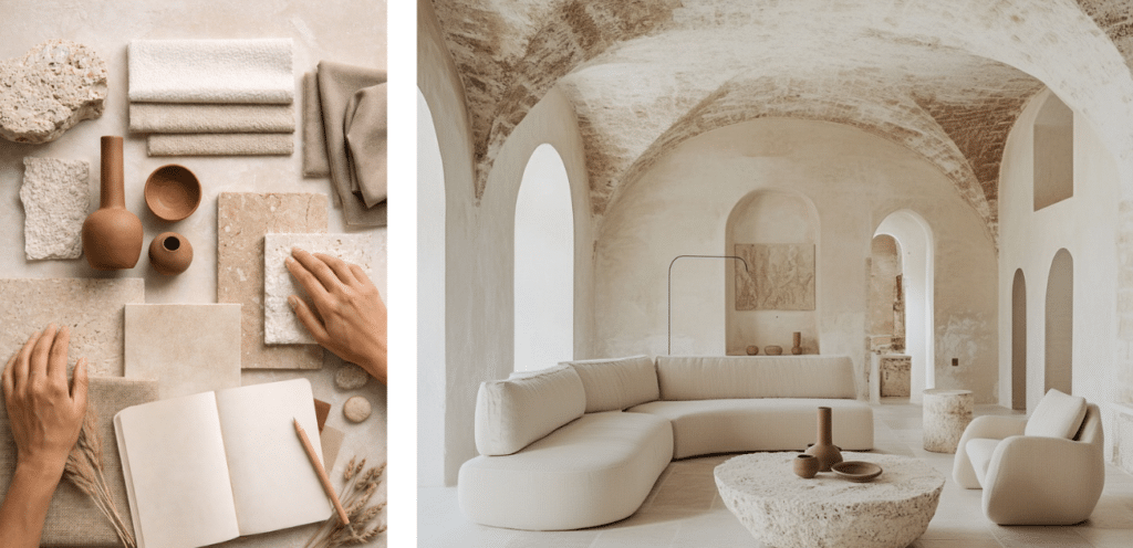 immagini di Interior design nell’Hospitality : a sinistra vista di moodboard a destra render con palette neutra, arredi morbidi e architetture materiche.