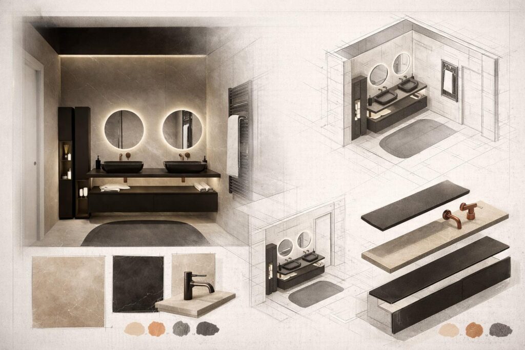 Moodboard e concept di bagno di interior design contemporaneo con doppio lavabo, palette neutra beige e grigio, arredi sospesi in legno scuro, specchi rotondi retroilluminati, dettagli in acciaio e viste assonometriche del progetto.