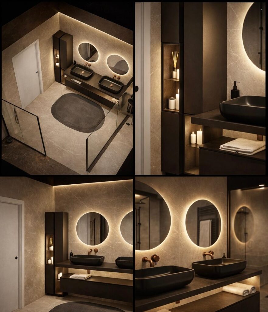 Bagno in stile interior design contemporaneo con doppio lavabo nero su piano sospeso, specchi rotondi retroilluminati e illuminazione perimetrale calda, rivestimenti effetto marmo beige, doccia walk-in in vetro e arredi minimal in legno scuro con nicchie illuminate.