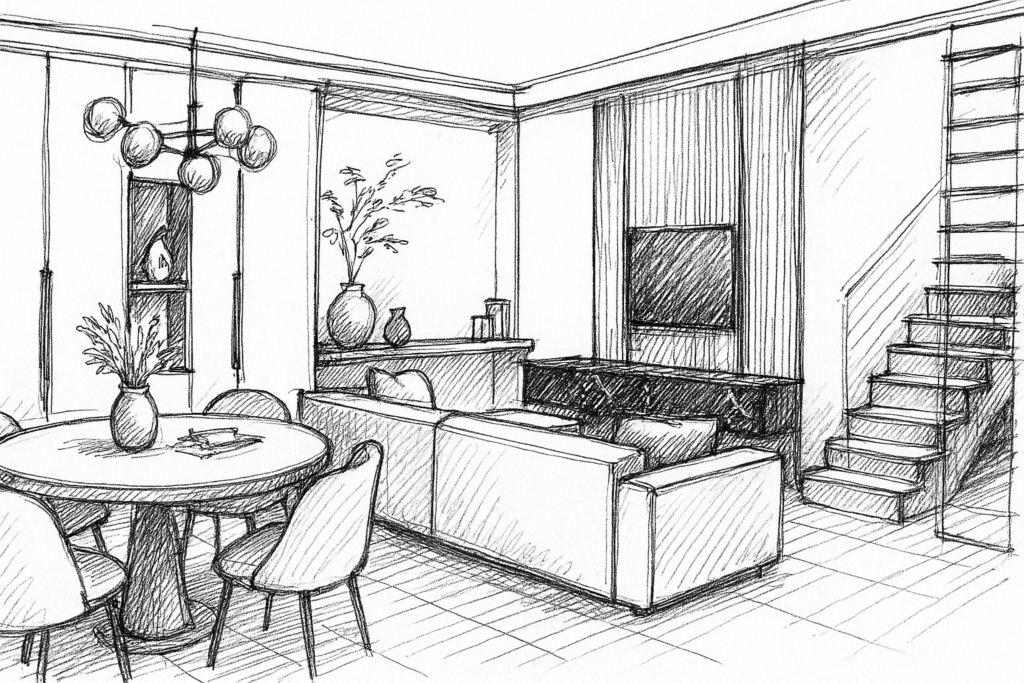 Schizzo a mano di living contemporaneo open space con zona pranzo e relax, tavolo rotondo con sedute, divano lineare, parete TV con boiserie, scala a vista e illuminazione decorativa a sospensione.