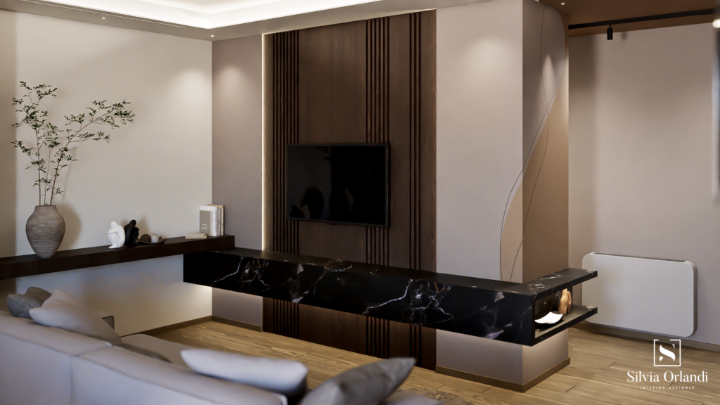 Living contemporaneo con parete TV in boiserie di legno verticale retroilluminata, mensola sospesa in marmo nero, arredi minimal e palette neutra calda con dettagli eleganti e illuminazione integrata.