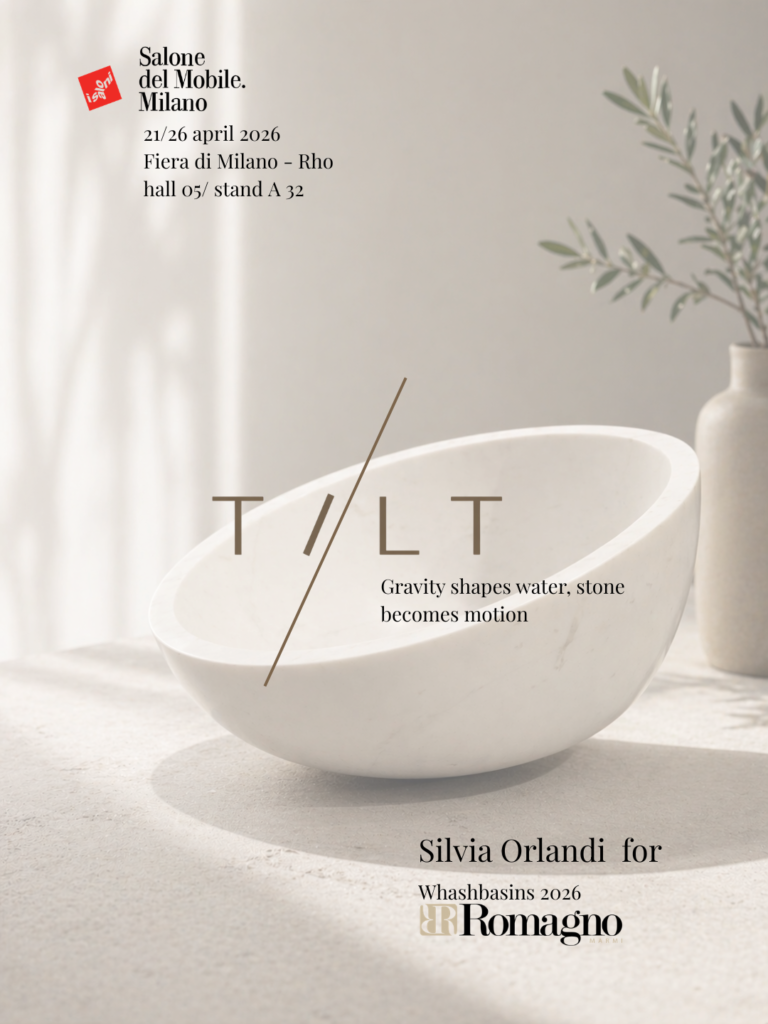 Locandina Salone del Mobile Milano 2026 con lavabo TILT bianco dalle forme organiche, ambiente minimal luminoso, testo “TILT – Gravity shapes water, stone becomes motion” e credit Silvia Orlandi per Romagno