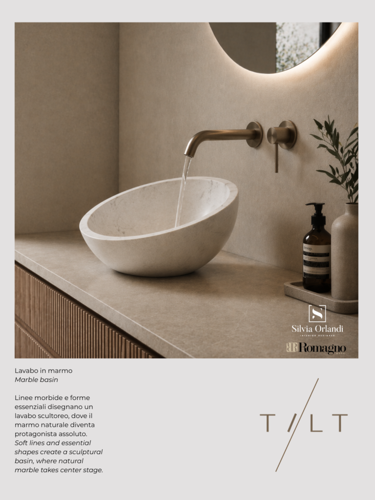 Locandina Salone del Mobile Milano 2026 con lavabo scultoreo bianco dalle forme organiche, ambiente minimal luminoso, testo “TILT – Gravity shapes water, stone becomes motion” e credit Silvia Orlandi per Romagno