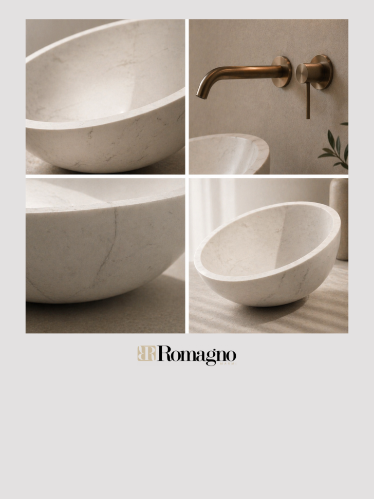Composizione di dettagli di lavabo in marmo bianco “TILT” con forme morbide e inclinate, abbinato a rubinetteria a parete in finitura calda, su fondo neutro con branding Romagno.