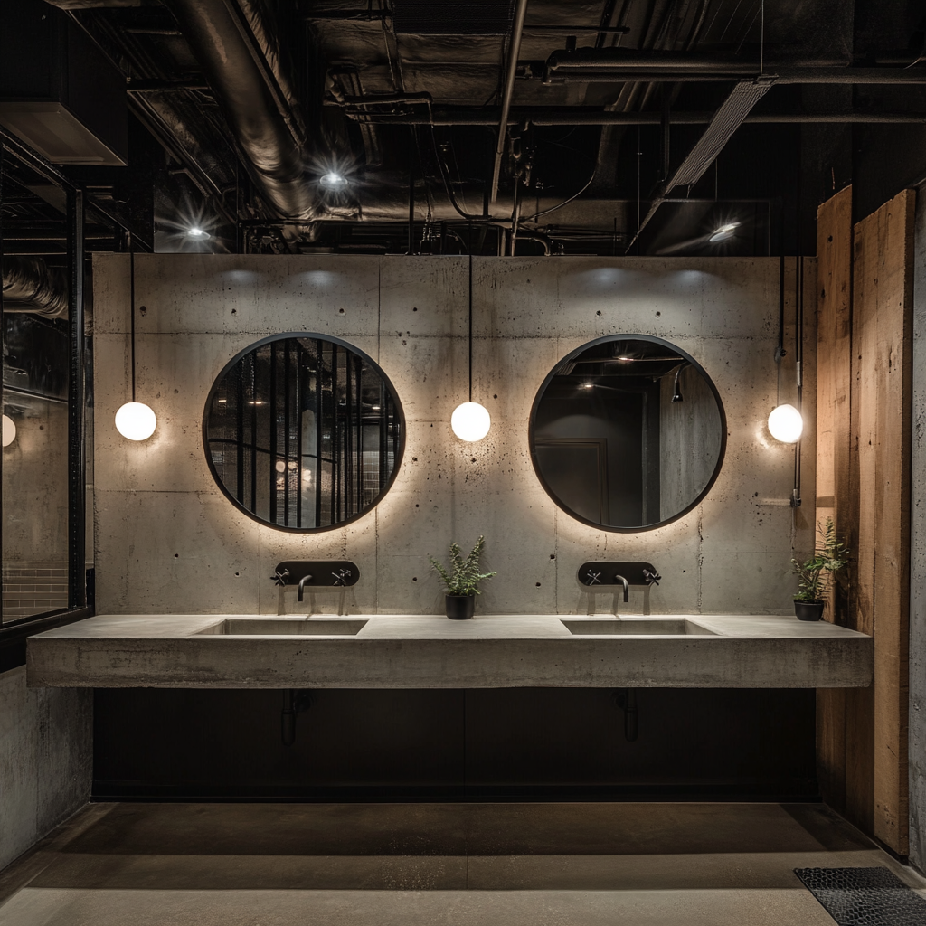 Bagno in stile industriale contemporaneo con doppio lavabo in cemento, pareti materiche grezze, specchi rotondi, rubinetteria nera e illuminazione minimal a parete con impianti a vista.