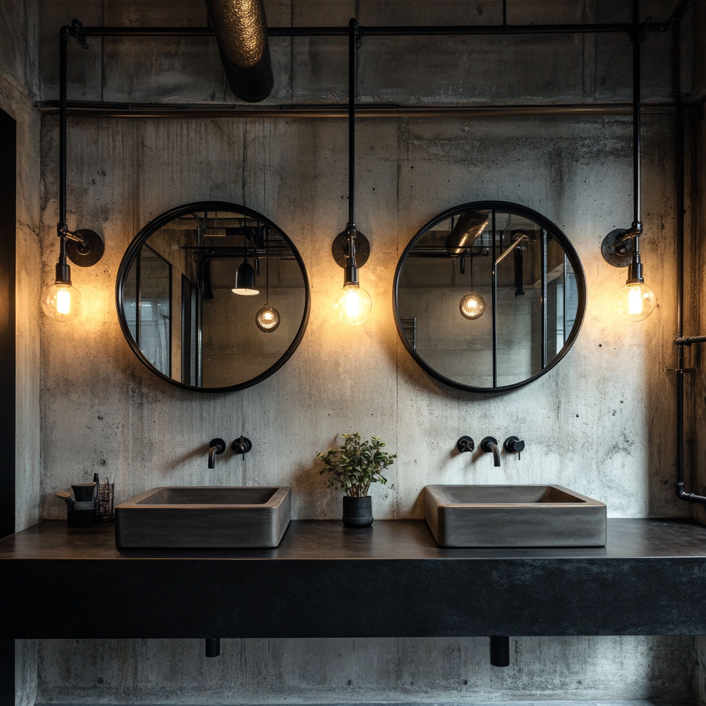 Bagno in tendenza 2026 con doppio lavabo squadrato, pareti in cemento grezzo, specchi rotondi con cornice nera, tubazioni a vista e illuminazione calda a sospensione con lampadine vintage.