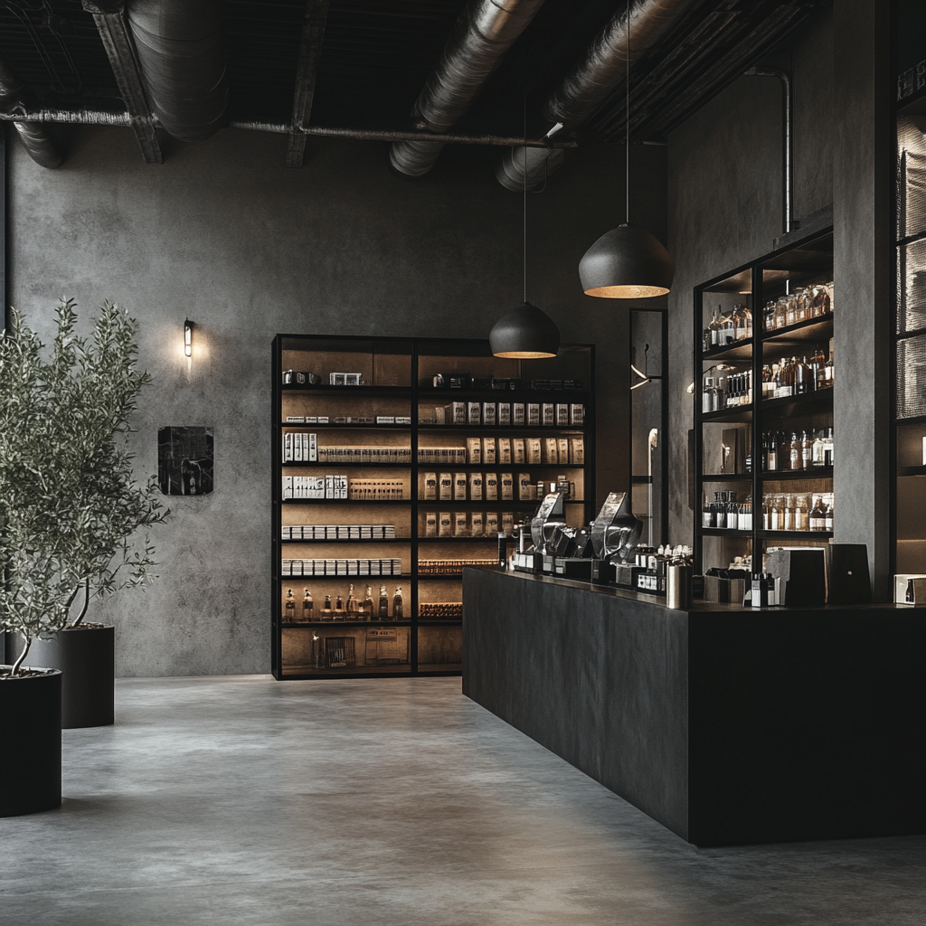 Caffetteria in stile industriale contemporaneo con bancone minimal scuro, pareti effetto cemento e scaffalature illuminate: esempio delle tendenze 2026 che valorizzano materiali materici, palette scure e atmosfere sofisticate.