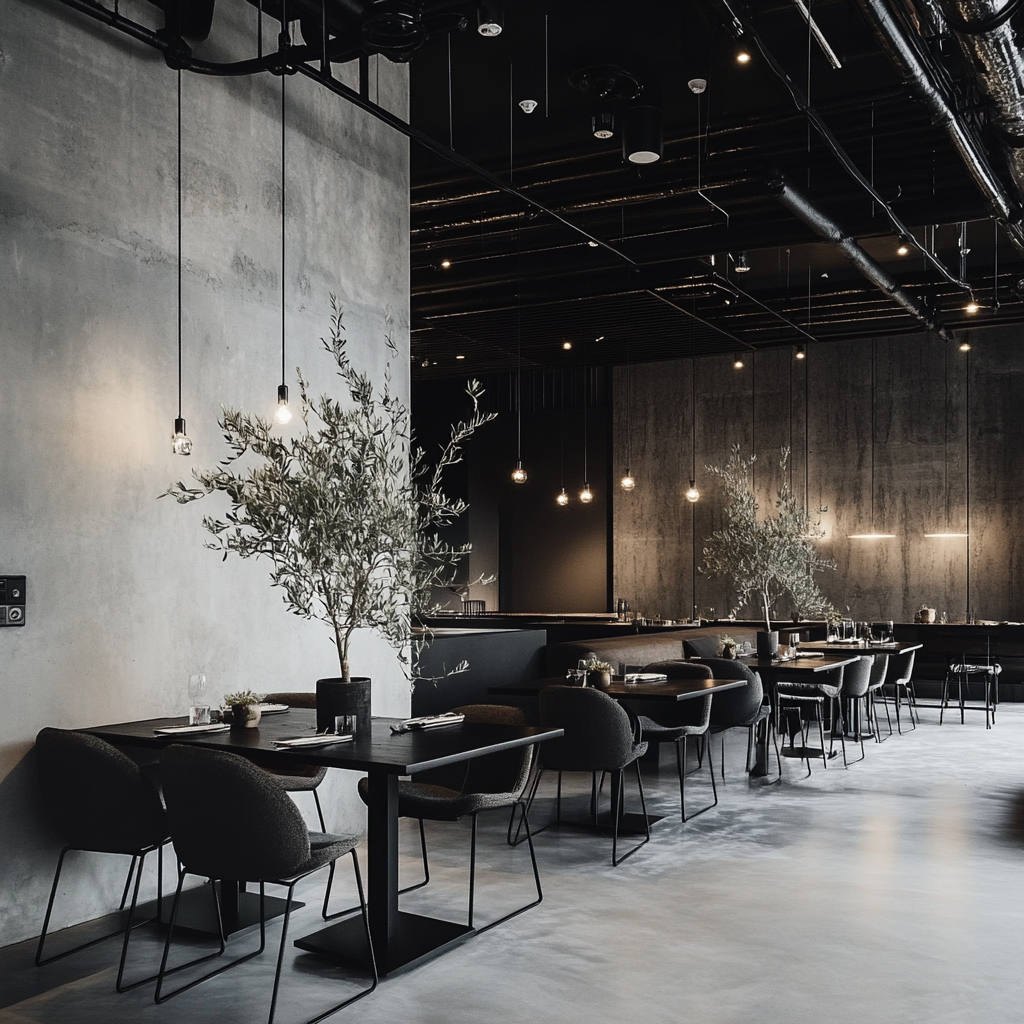 Ristorante mediterraneo black con palette scura, superfici materiche effetto cemento, arredi minimal e illuminazione a sospensione: esempio delle tendenze 2026 che valorizzano atmosfere sofisticate, materiali naturali e contrasti tra luce calda e finiture grezze.