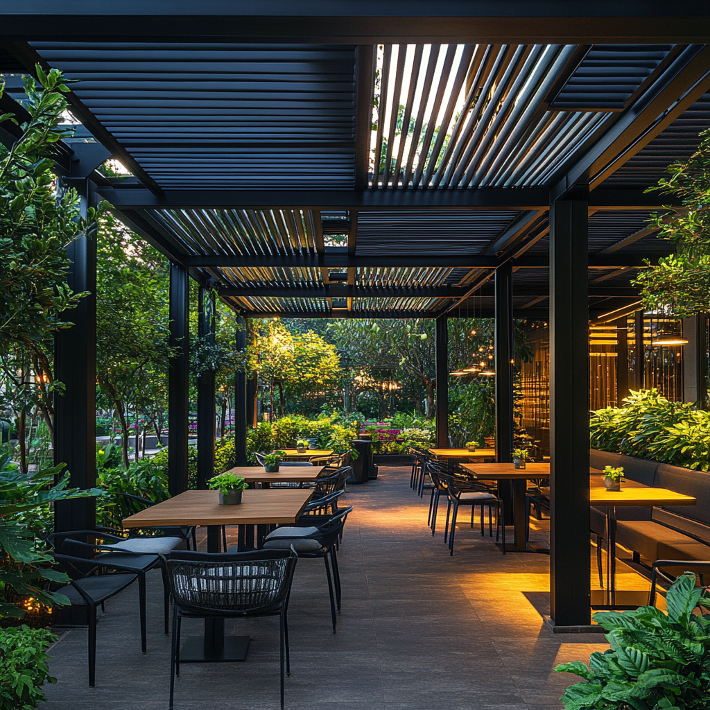 Terrazza outdoor contemporanea con pergola a lamelle in metallo, arredi minimal scuri e tavoli lineari, immersa nel verde con illuminazione calda integrata: esempio delle tendenze 2026 che valorizzano spazi ibridi indoor-outdoor, design sostenibile e connessione con la natura.