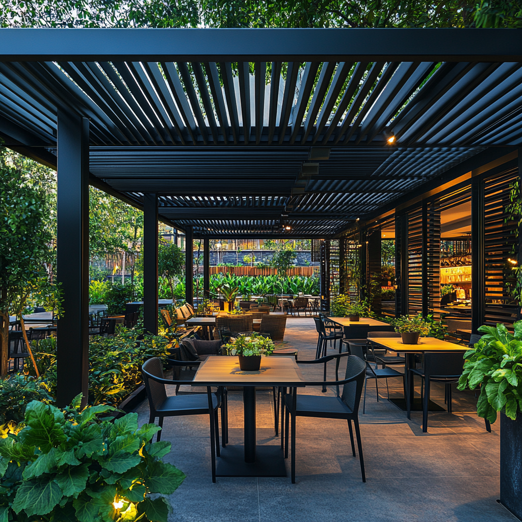Terrazza outdoor contemporanea con pergola a lamelle in metallo, arredi minimal scuri e tavoli lineari, immersa nel verde con illuminazione calda integrata: esempio delle tendenze 2026 che valorizzano spazi ibridi indoor-outdoor, design sostenibile e connessione con la natura.