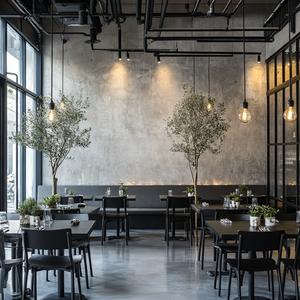 Ristorante dallo stile industriale contemporaneo con pareti effetto cemento, impianti a vista e arredi minimal scuri: esempio delle tendenze 2026 che uniscono estetica urbana, materiali materici, verde indoor e illuminazione calda per creare ambienti accoglienti e sofisticati.
