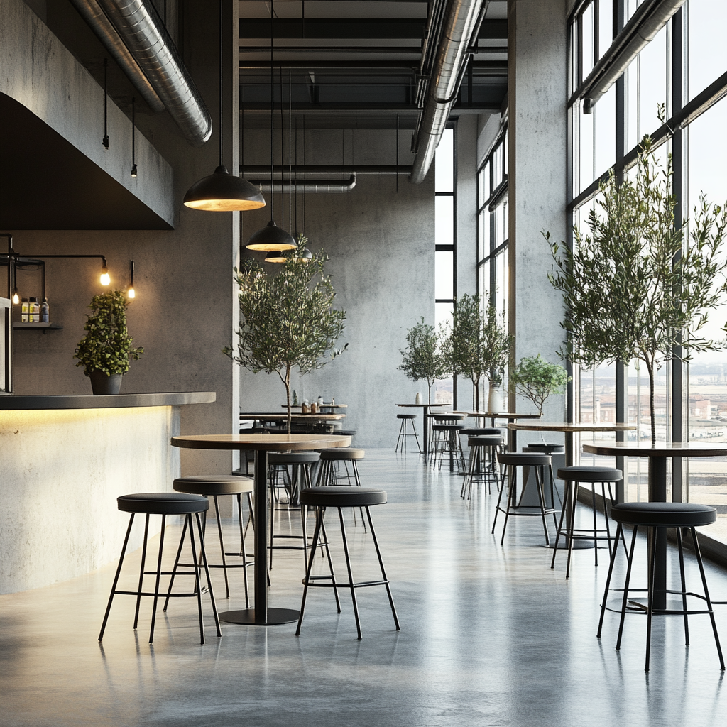 ristorante mediterraneo black con ampie vetrate, arredi minimal e piante indoor: un esempio delle tendenze 2026 che combinano luce naturale, materiali materici e design essenziale per spazi contemporanei e accoglienti.