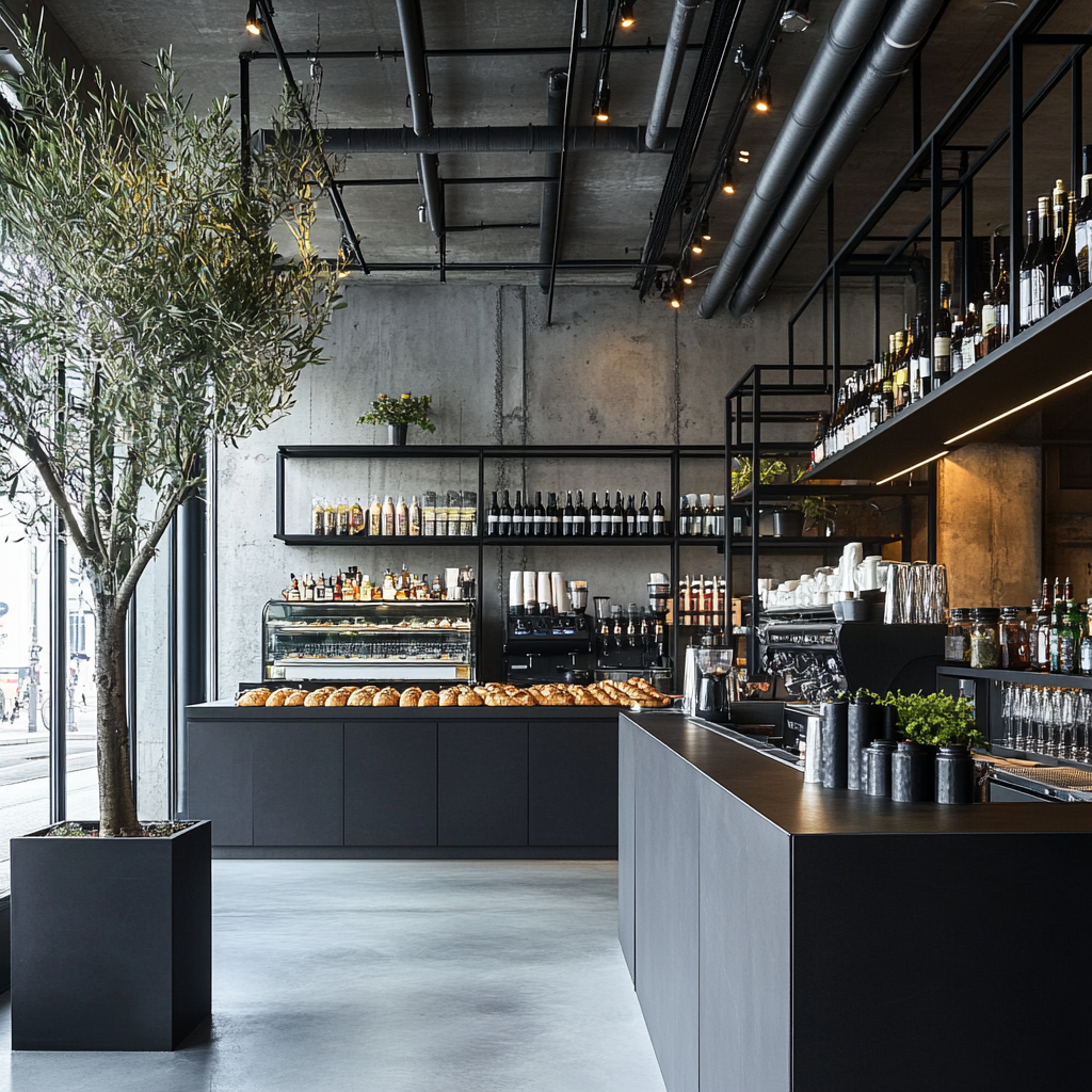 tra le tendenze 2026 l'immagine di un bancone minimal scuro, pareti in cemento a vista, scaffalature metalliche con bottiglie e macchina del caffè, dettagli di verde indoor e illuminazione tecnica con impianti a vista.