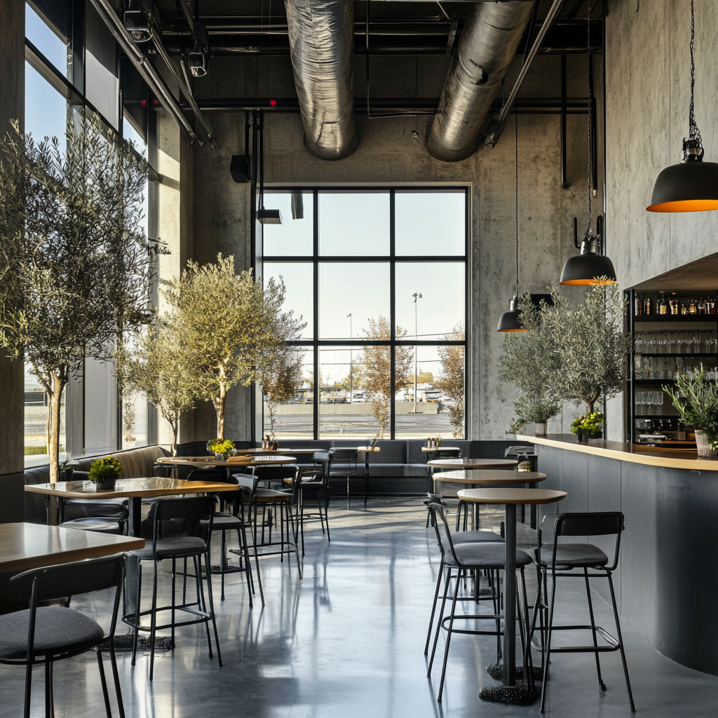 tendenze 2026 di un ristorante in stile industriale contemporaneo mediteranneo black con ampie vetrate, soffitti alti con impianti a vista, arredi minimal in metallo e legno, piante decorative e illuminazione calda che crea un’atmosfera accogliente e luminosa.